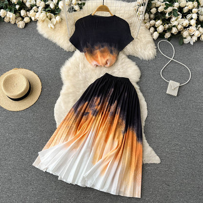 Printed T-shirt&Pleated Skirt 2Pcs