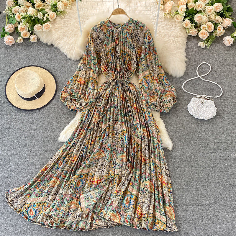 Round Collar Floral Printed Satin Dress
