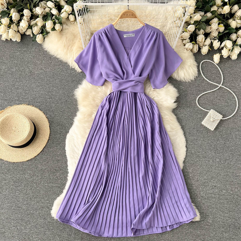 Chiffon Pleated Solid V-Neck Dress