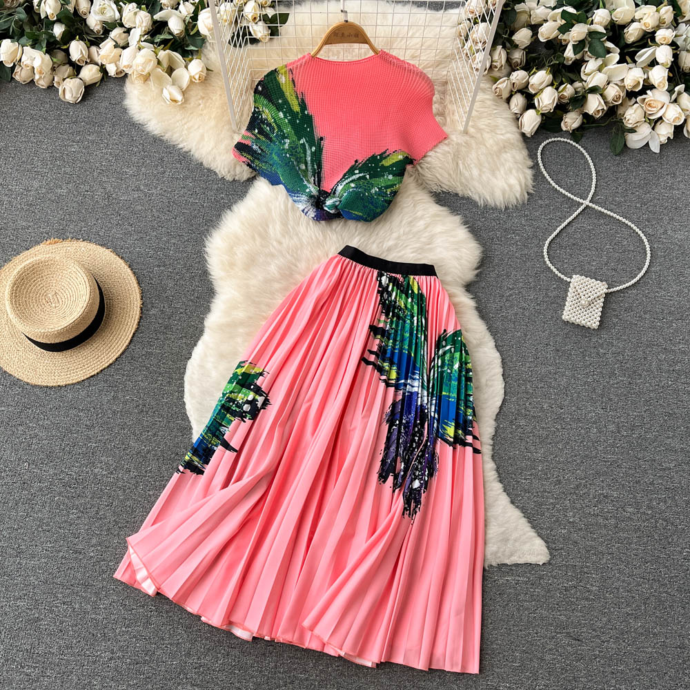 Printed T-shirt&Pleated Skirt 2Pcs
