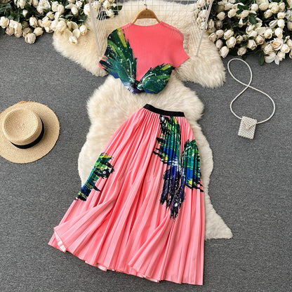 Printed T-shirt&Pleated Skirt 2Pcs