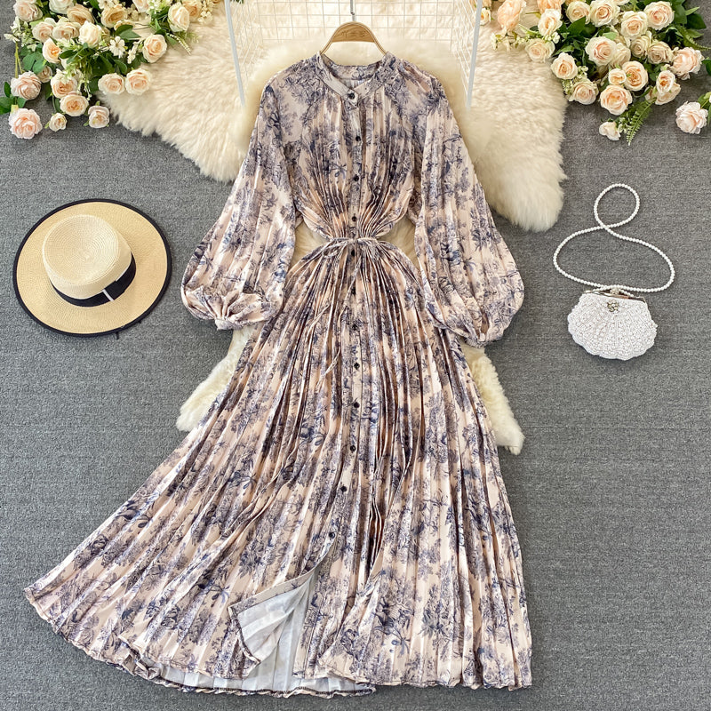Round Collar Floral Printed Satin Dress