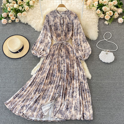 Round Collar Floral Printed Satin Dress