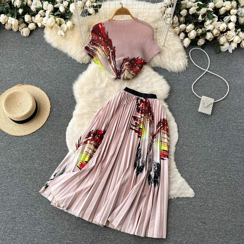 Printed T-shirt&Pleated Skirt 2Pcs