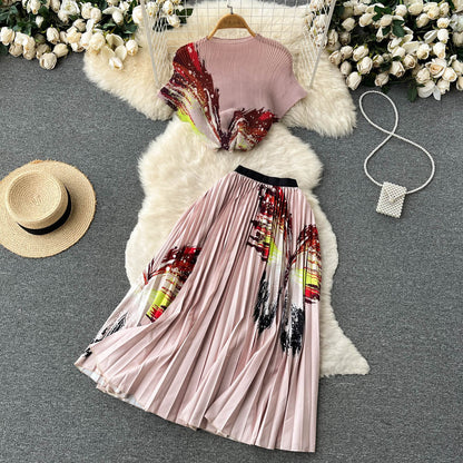Printed T-shirt&Pleated Skirt 2Pcs