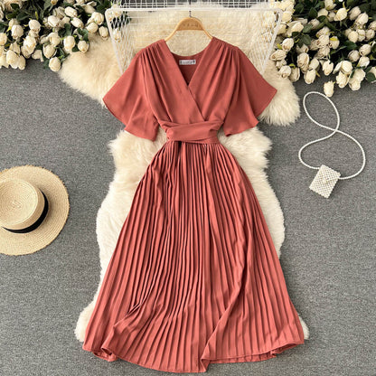Chiffon Pleated Solid V-Neck Dress