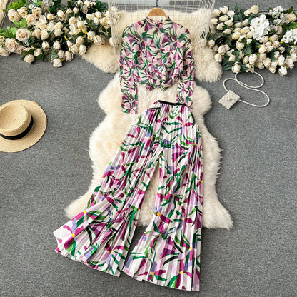 Pleated Knitwear&Wide-leg Trousers Printed 2Pcs