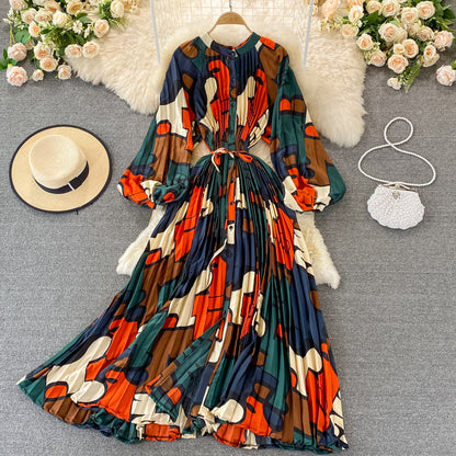 Round Collar Floral Printed Satin Dress