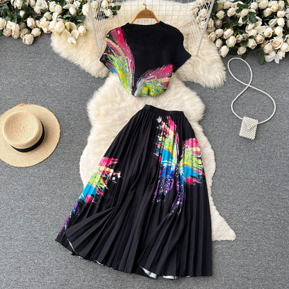 Printed T-shirt&Pleated Skirt 2Pcs