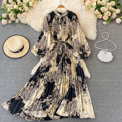 Round Collar Floral Printed Satin Dress