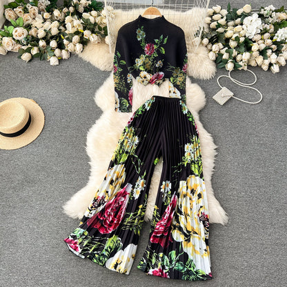 Pleated Knitwear&Wide-leg Trousers Printed 2Pcs
