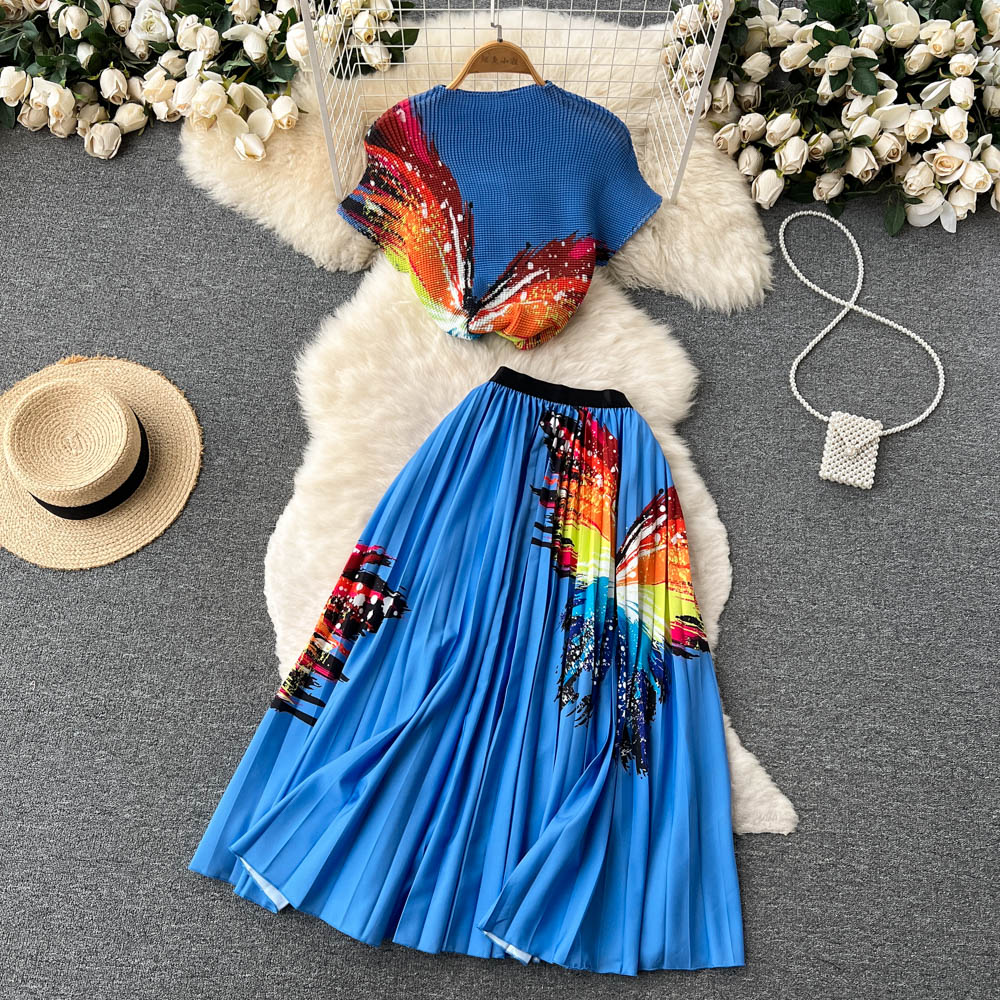 Printed T-shirt&Pleated Skirt 2Pcs