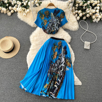 Printed T-shirt&Pleated Skirt 2Pcs
