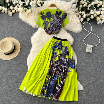 Printed T-shirt&Pleated Skirt 2Pcs