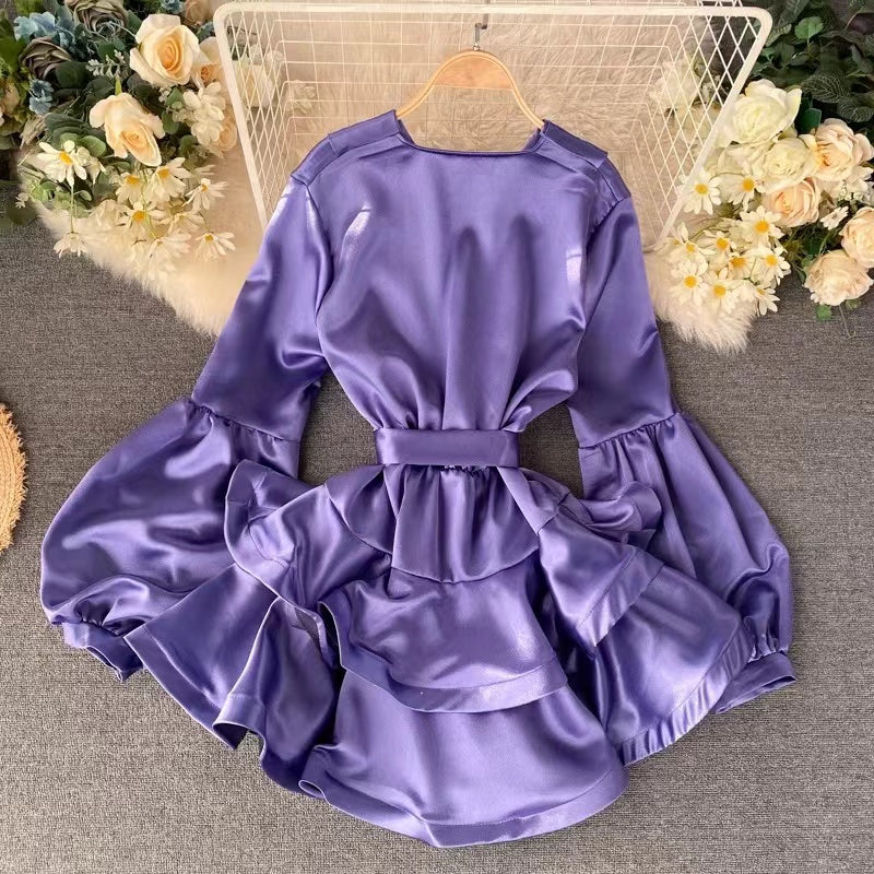 Satin Lantern Sleeve Ruffle Dress