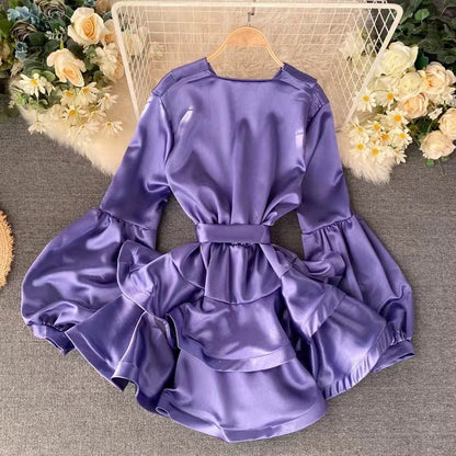 Satin Lantern Sleeve Ruffle Dress
