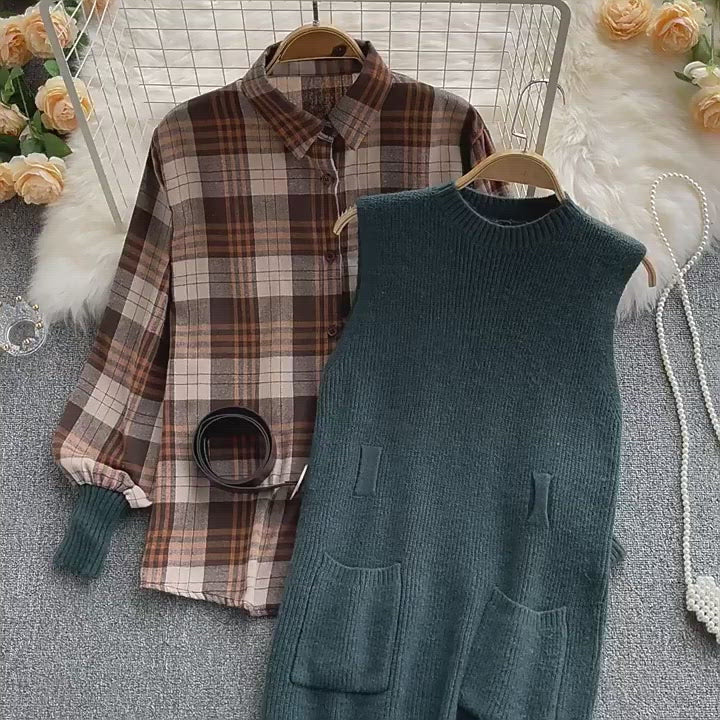 Two-piece Plaid Shirt & Knitted Sweater Vest