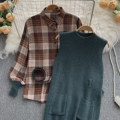 Two-piece Plaid Shirt & Knitted Sweater Vest