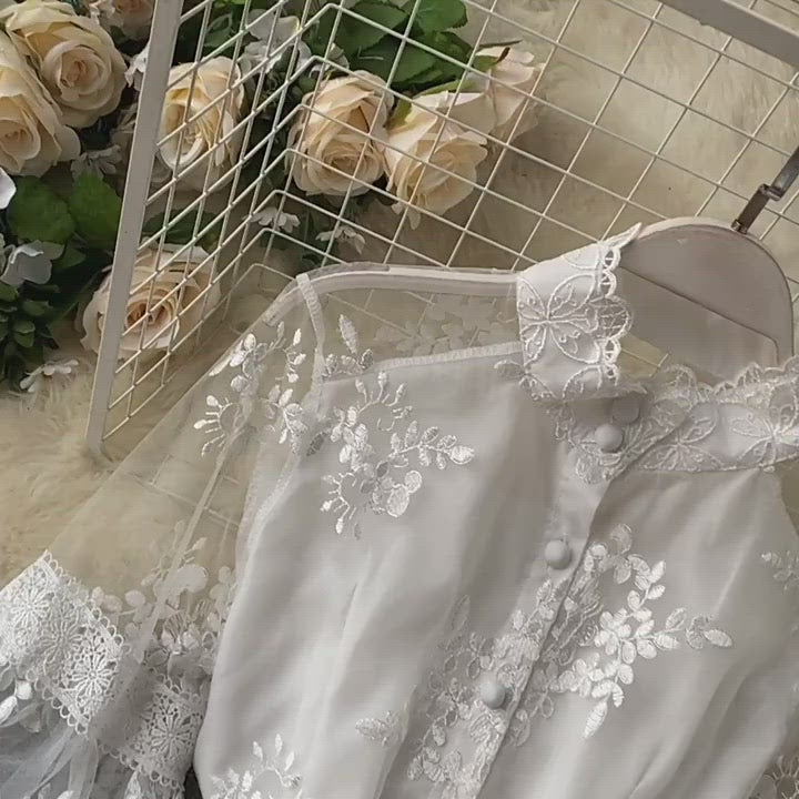 Mesh Lace Embroidered Puff Sleeve Shirt