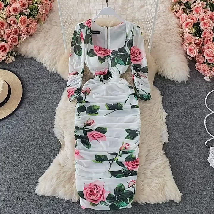 Square Neck Printed Mesh Dress