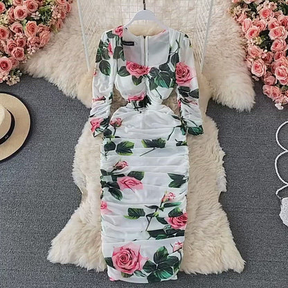 Square Neck Printed Mesh Dress