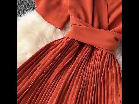 Chiffon Pleated Solid V-Neck Dress