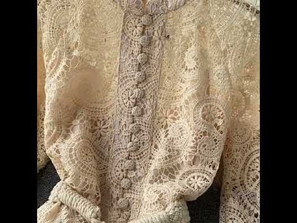 Lace Hollow Lantern Sleeve Stand Collar Embroidered Dress