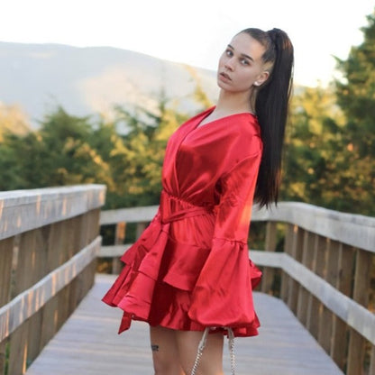 Satin Lantern Sleeve Ruffle Dress